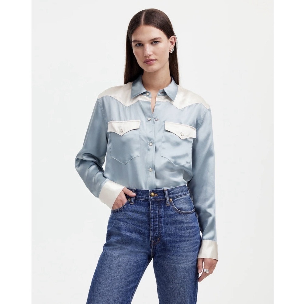 Madewell X Alexa Chung Satin Western Shirt Sz M Pearl Snap Rodeo Cowgirl